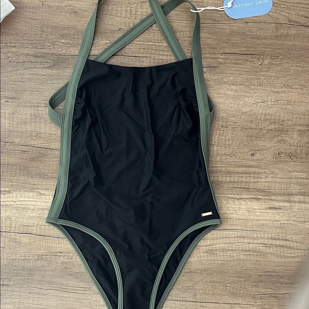 Black One-Piece Swimsuit with Olive Green Trim